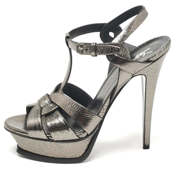 SAINT LAURENT SILVER METALLIC TRIBUTE SANDALS - Picture 1 of 6